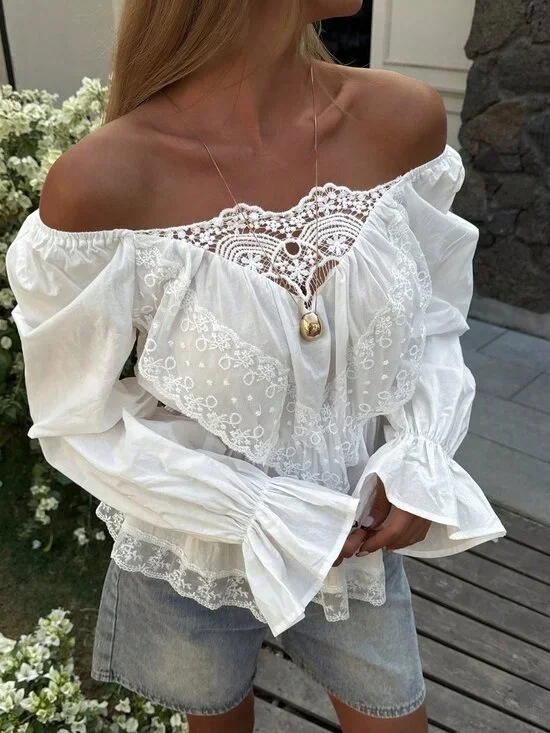 White Casual Women's Cotton Lace Patchwork Beach Vacation Shirt - Picture 5 of 7